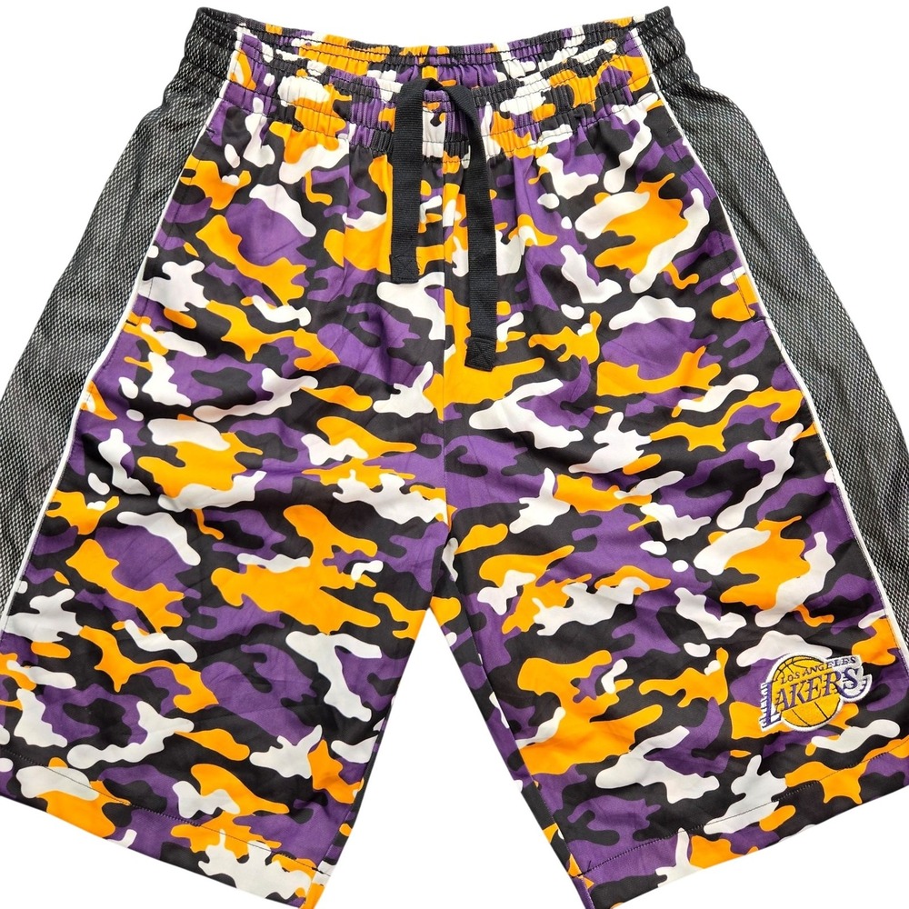 NBA Shorts Mens S Purple Camouflage Drawstring Pockets Athletic Lakers Patch
